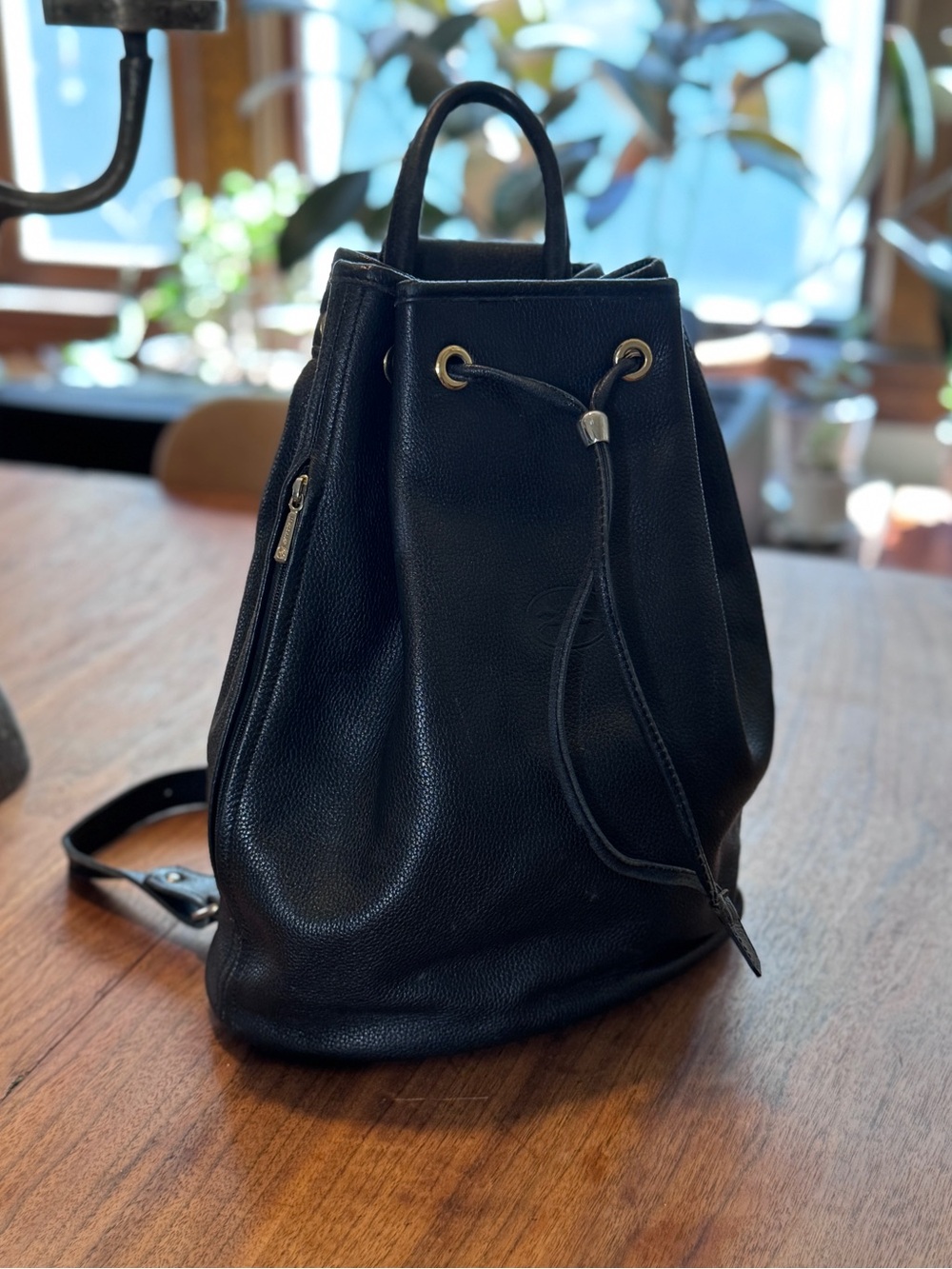 Longchamp Vintage One Shoulder Black Leather Backback in Pebbled Leather in EUC